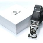 Versace Medusa Buckle Saffiano Leather Belt (Black/Silver)