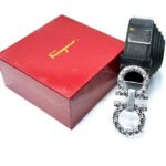 Ferragamo Engraved Gancini Belt (Black / Textured Silver Hardware)