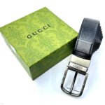 Gucci Square Buckle Belt (Black textured Leather with Brushed Silver Hardware)