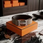 Hermès H Au Carre Reversible Belt (Etoupe / Brushed Silver)