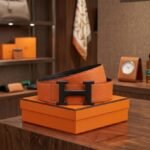 Hermès H Au Carre Reversible Belt (Orange / Matte Black)