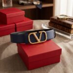 Valentino Garavani VLogo Signature Reversible Belt (Dark Blue / Gold)